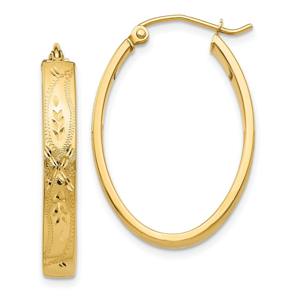 14K Yellow Gold Satin & Diamond-Cut Oval Hoop Earrings  4mm width