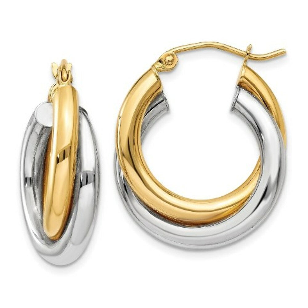 14K Two-tone Gold Polished Double Tube Hoop Earrings  7mm width