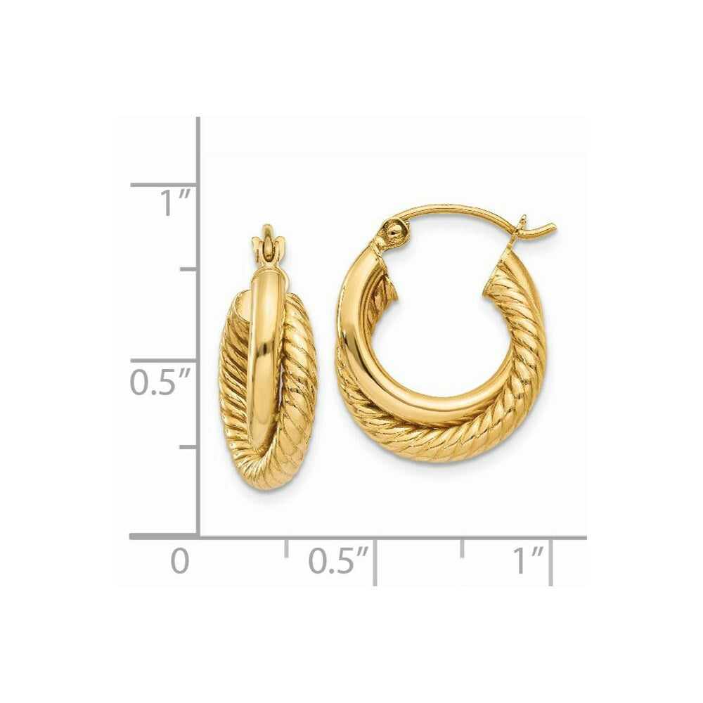 14K Yellow Gold Polished & Twisted Double Hoop Earrings  5mm width